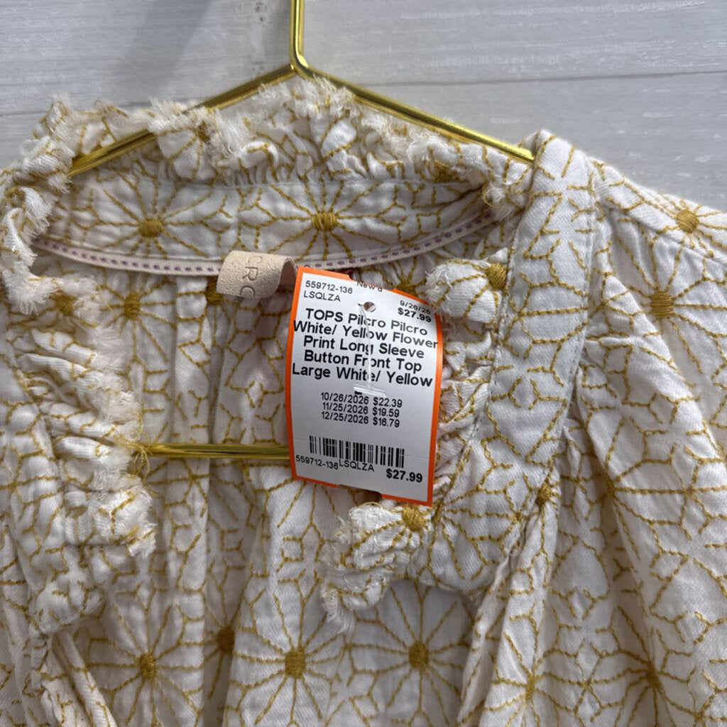 Pilcro White/ Yellow Flower Print Long Sleeve Button Front Top Large