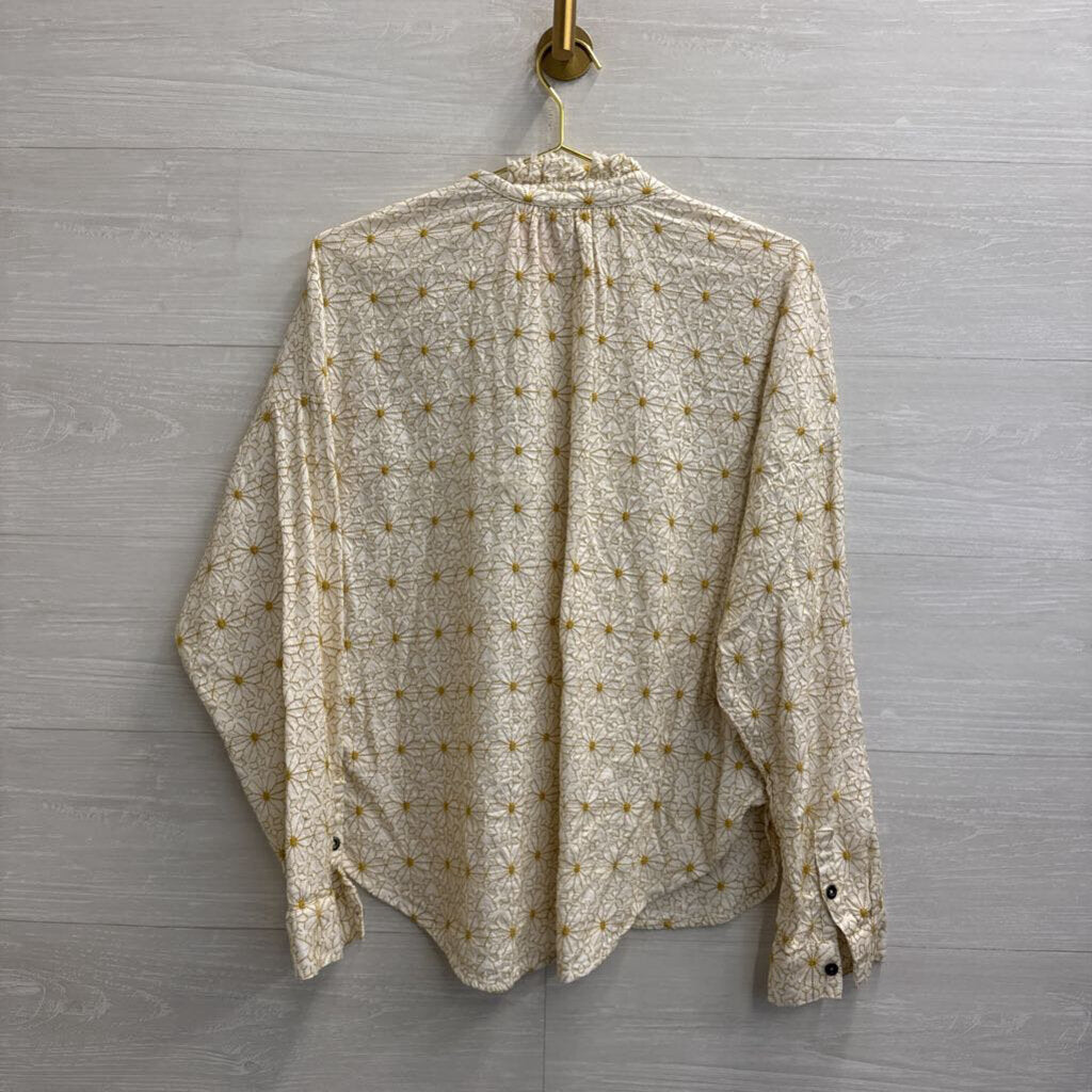 Pilcro White/ Yellow Flower Print Long Sleeve Button Front Top Large