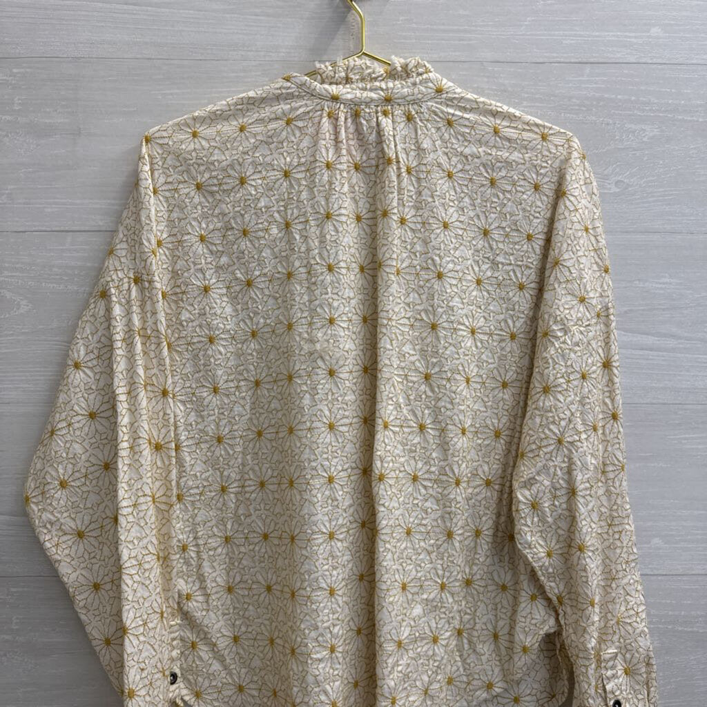 Pilcro White/ Yellow Flower Print Long Sleeve Button Front Top Large