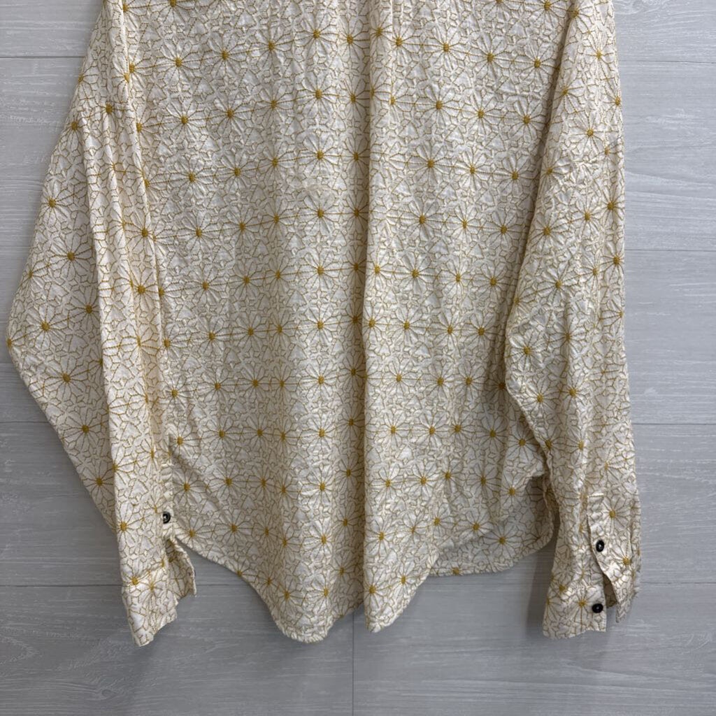 Pilcro White/ Yellow Flower Print Long Sleeve Button Front Top Large