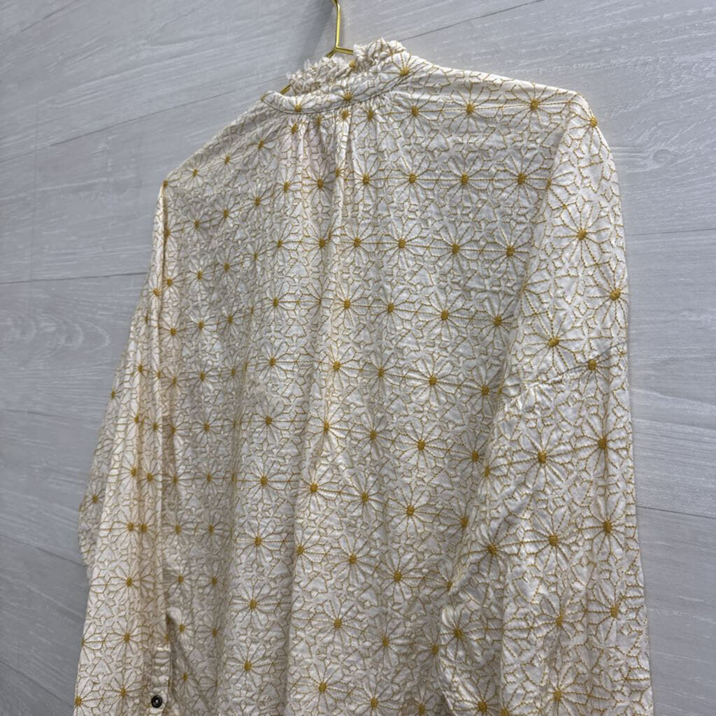 Pilcro White/ Yellow Flower Print Long Sleeve Button Front Top Large