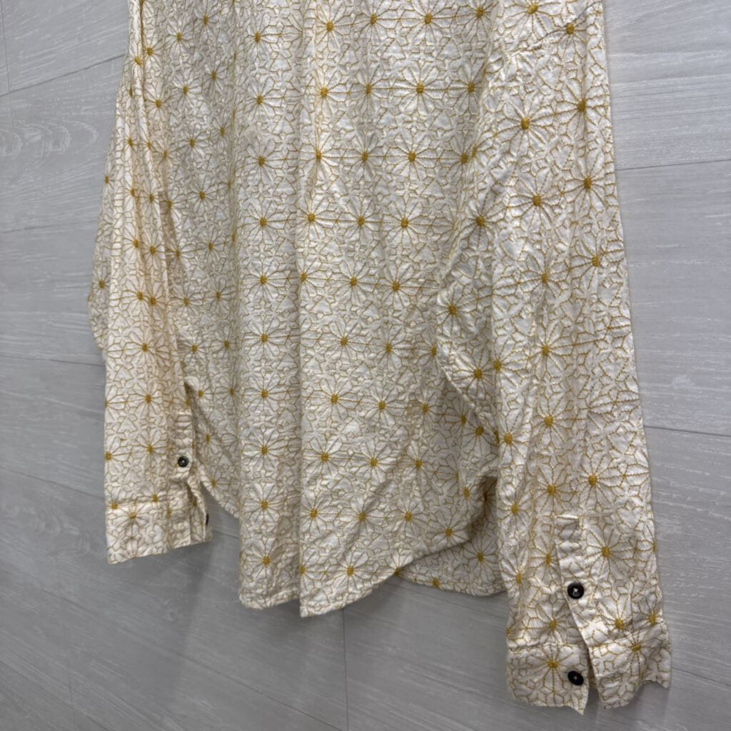 Pilcro White/ Yellow Flower Print Long Sleeve Button Front Top Large