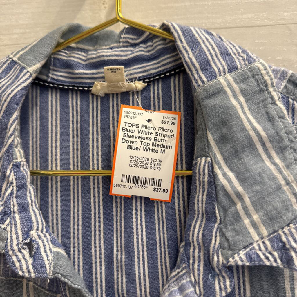 Pilcro Blue/ White Striped Sleeveless Button Down Top Medium
