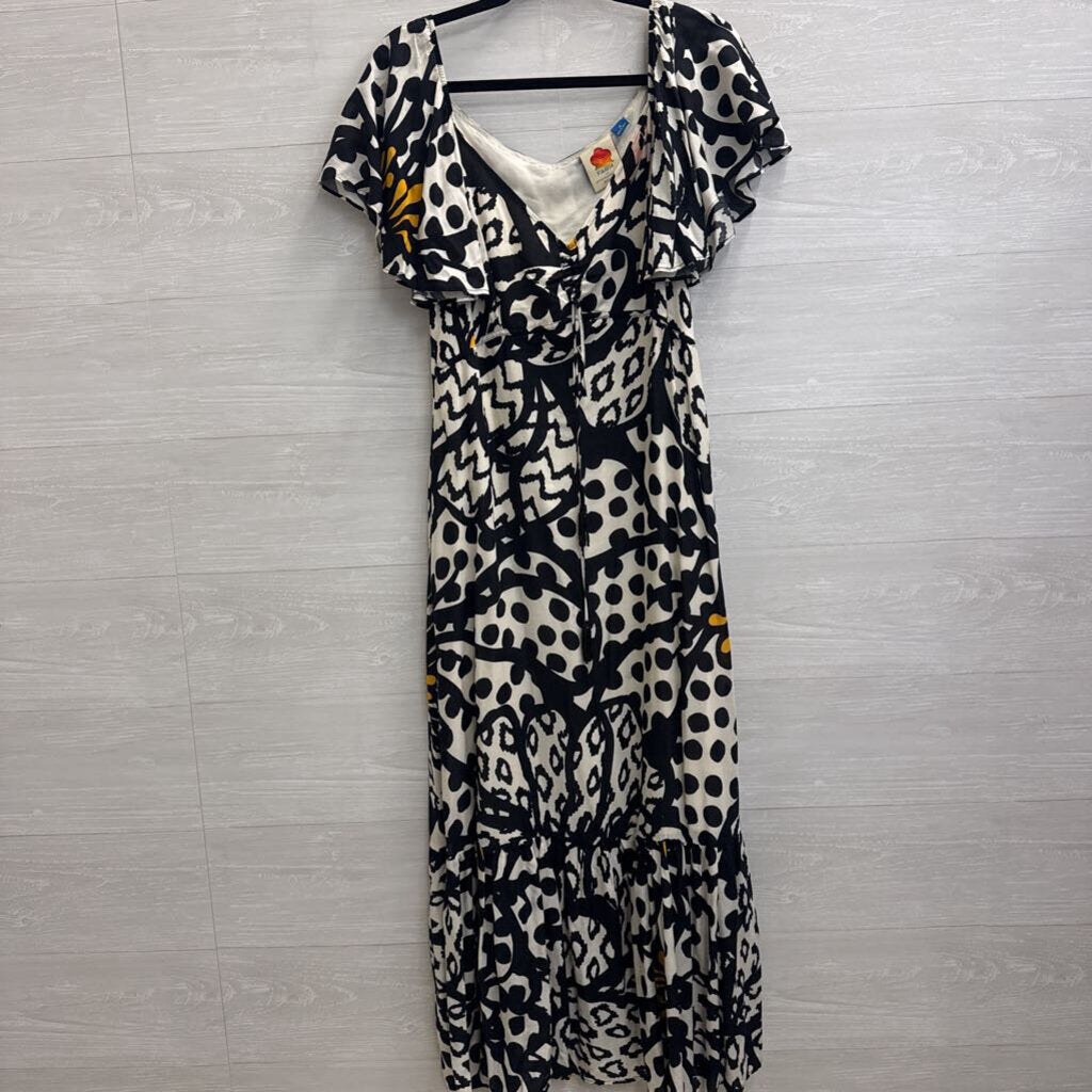 Farm Rio Black/ White Tasselled Floral Maxi Dress Medium