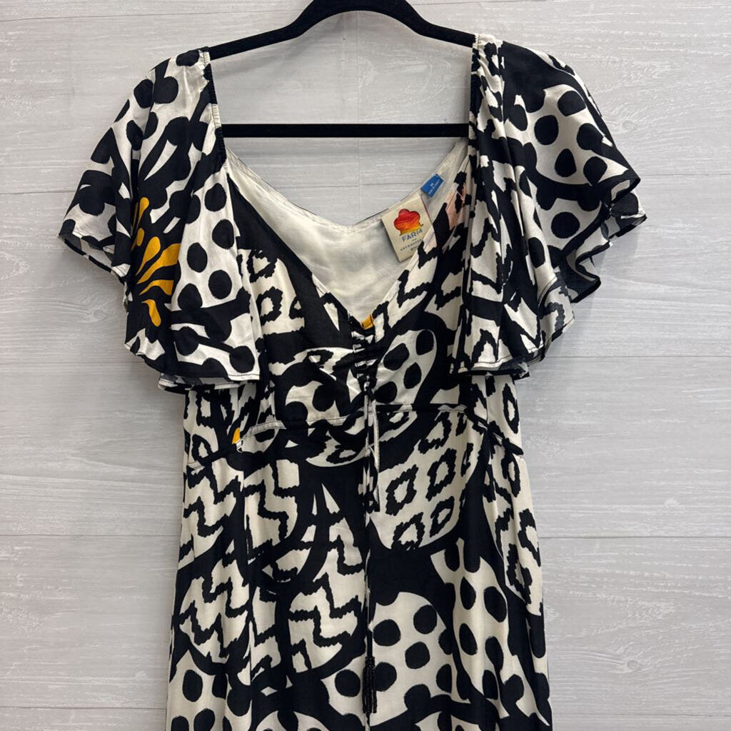 Farm Rio Black/ White Tasselled Floral Maxi Dress Medium