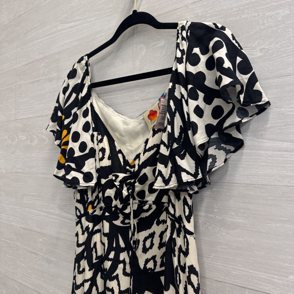 Farm Rio Black/ White Tasselled Floral Maxi Dress Medium