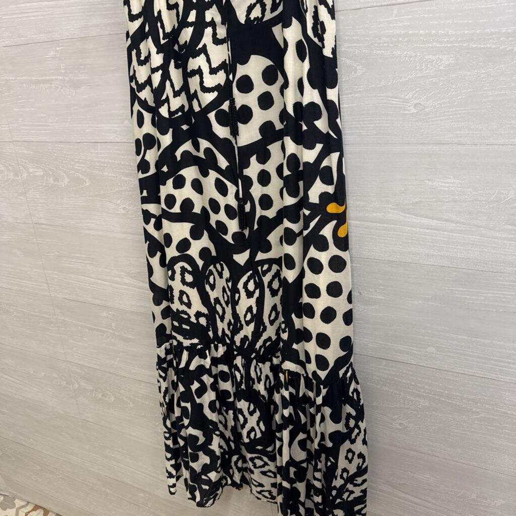 Farm Rio Black/ White Tasselled Floral Maxi Dress Medium