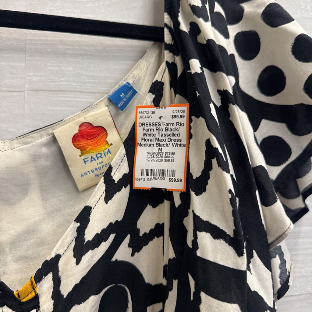 Farm Rio Black/ White Tasselled Floral Maxi Dress Medium