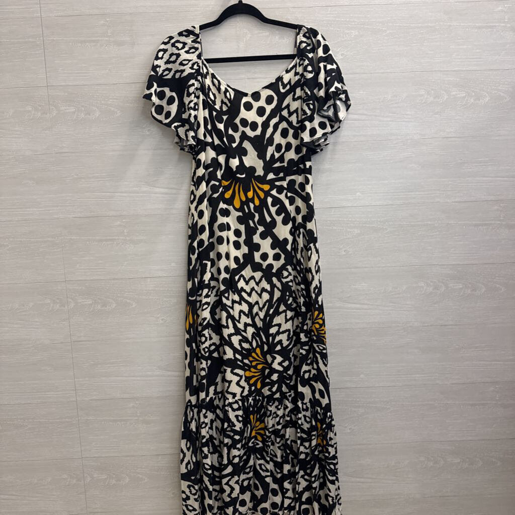 Farm Rio Black/ White Tasselled Floral Maxi Dress Medium