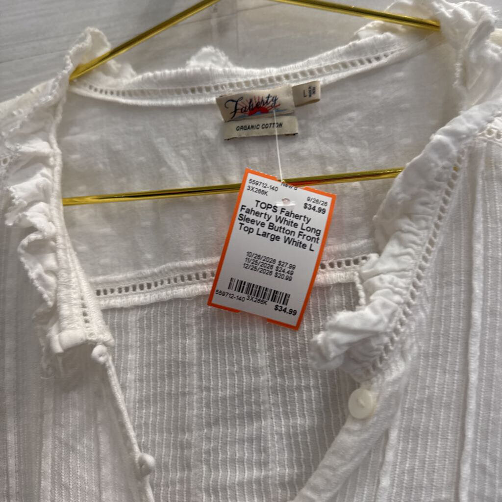 Faherty White Long Sleeve Button Front Top Large