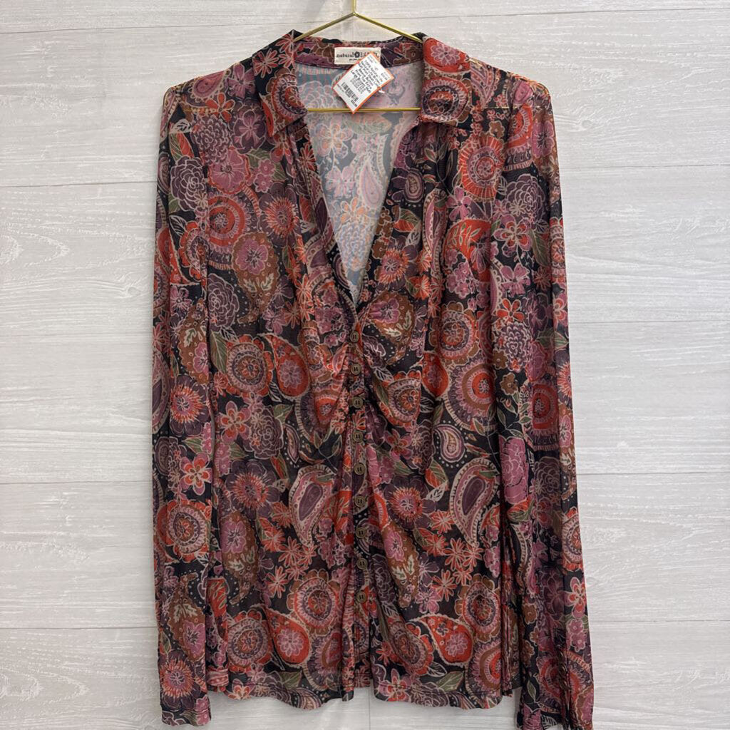 Natural Life Brown/ Multi Print Mesh Long Sleeve Button Front Top Extra Large