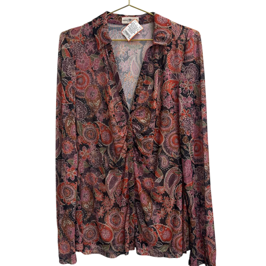Natural Life Brown/ Multi Print Mesh Long Sleeve Button Front Top Extra Large