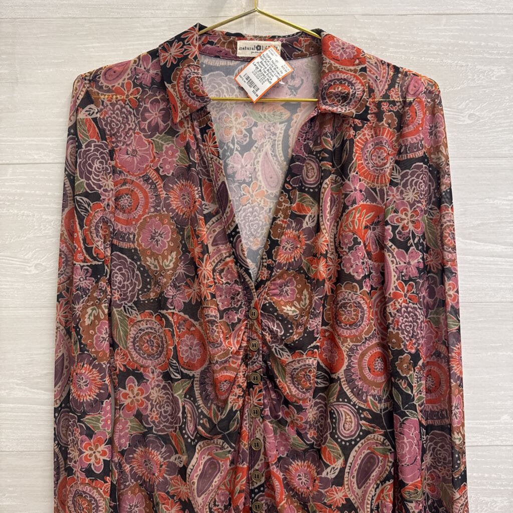 Natural Life Brown/ Multi Print Mesh Long Sleeve Button Front Top Extra Large