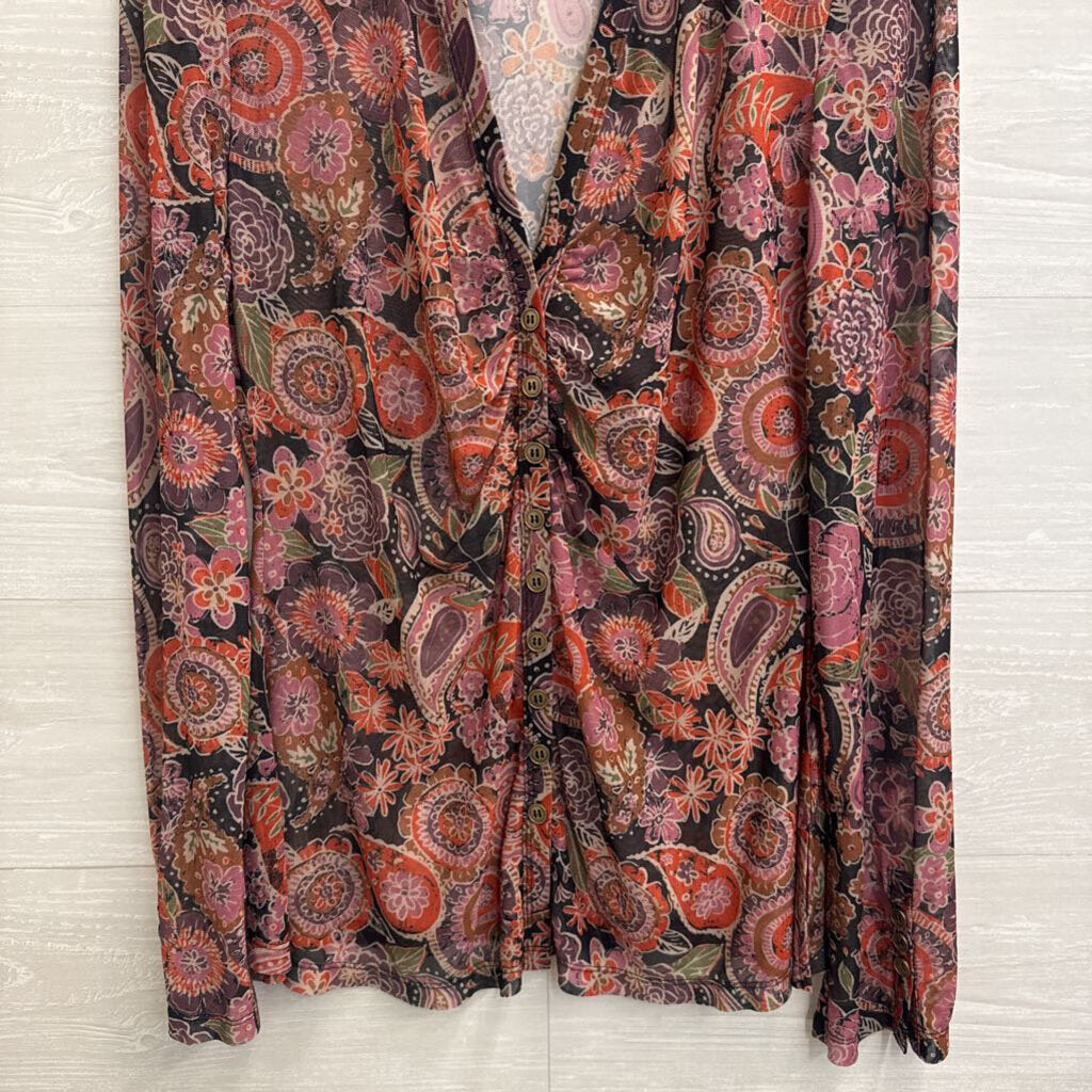 Natural Life Brown/ Multi Print Mesh Long Sleeve Button Front Top Extra Large