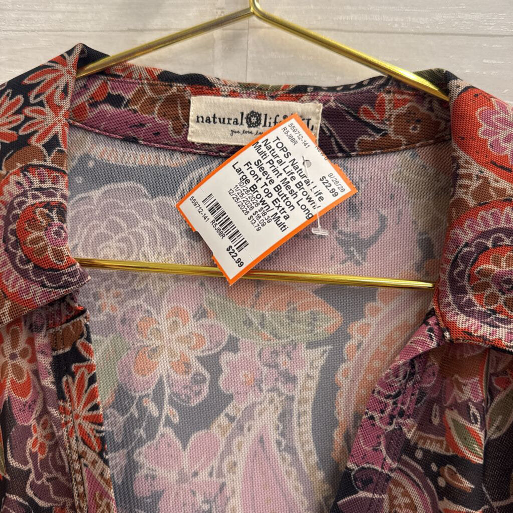 Natural Life Brown/ Multi Print Mesh Long Sleeve Button Front Top Extra Large