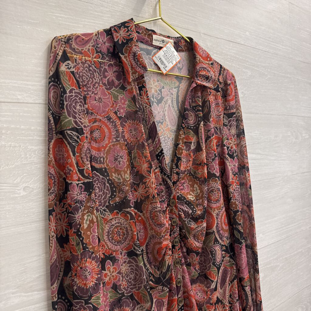 Natural Life Brown/ Multi Print Mesh Long Sleeve Button Front Top Extra Large