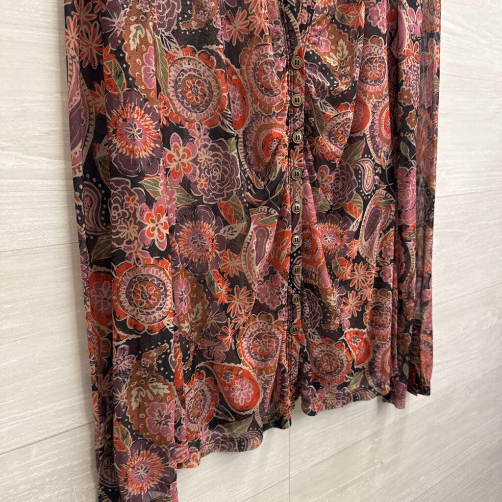 Natural Life Brown/ Multi Print Mesh Long Sleeve Button Front Top Extra Large