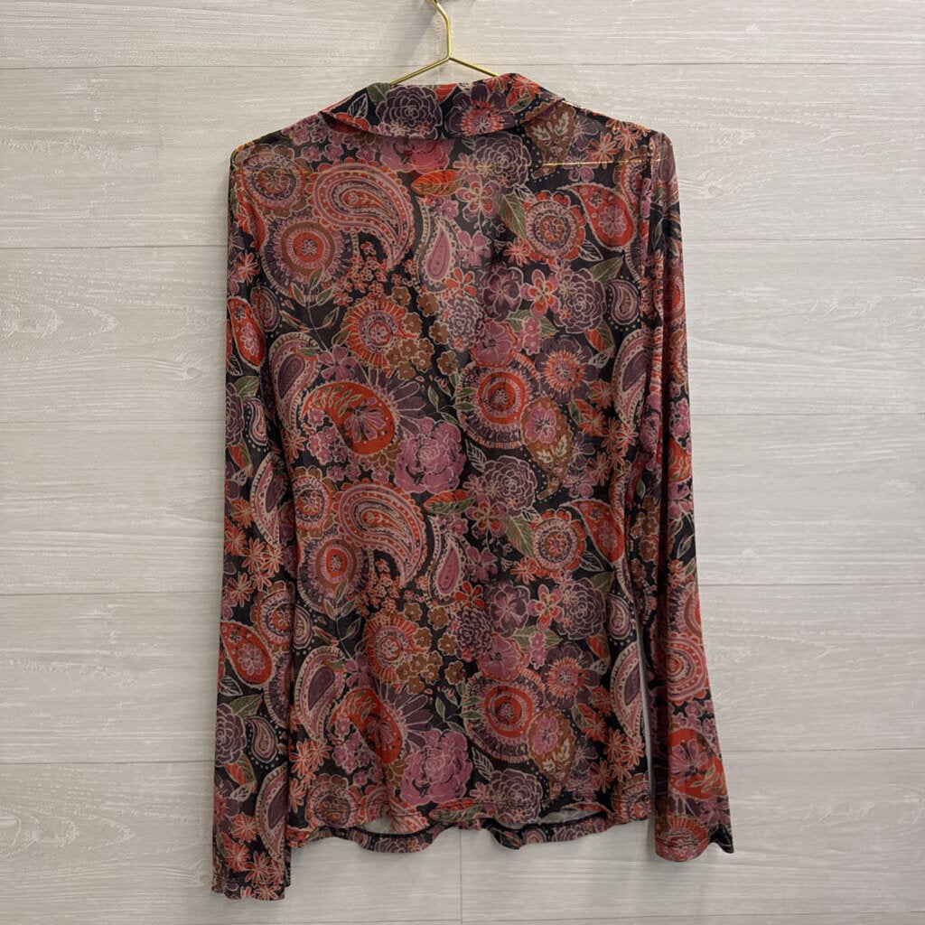 Natural Life Brown/ Multi Print Mesh Long Sleeve Button Front Top Extra Large