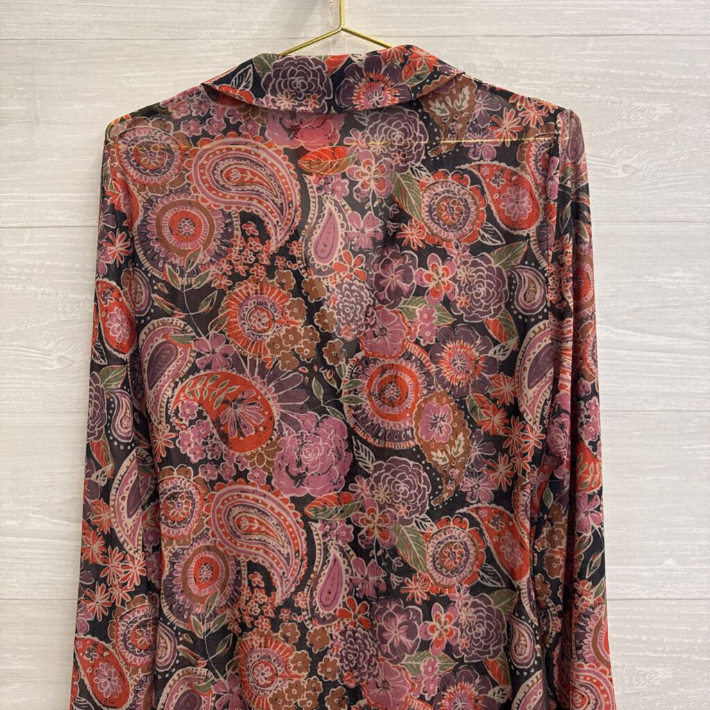 Natural Life Brown/ Multi Print Mesh Long Sleeve Button Front Top Extra Large