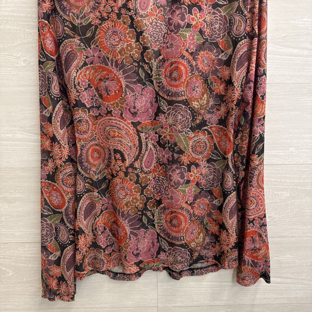 Natural Life Brown/ Multi Print Mesh Long Sleeve Button Front Top Extra Large