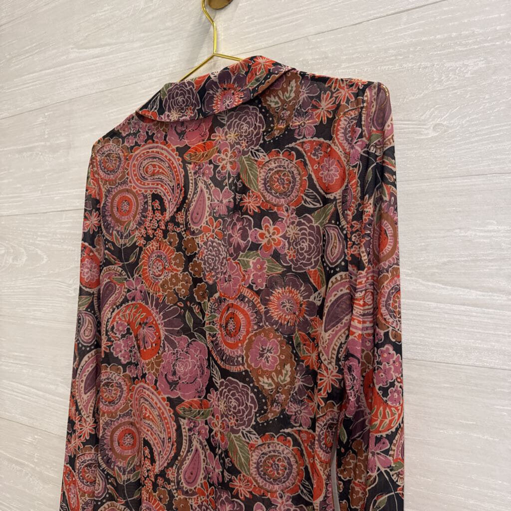 Natural Life Brown/ Multi Print Mesh Long Sleeve Button Front Top Extra Large