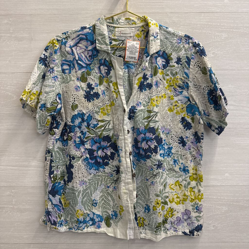 Anthropologie White/ Multi Print Short Sleeve Button Down Top Medium