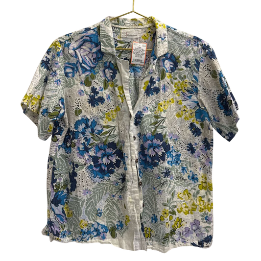 Anthropologie White/ Multi Print Short Sleeve Button Down Top Medium