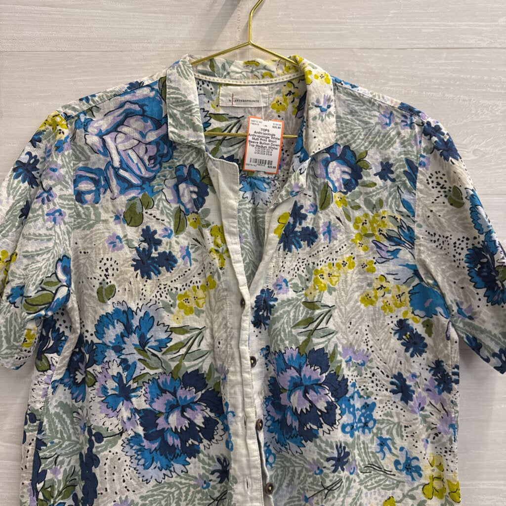 Anthropologie White/ Multi Print Short Sleeve Button Down Top Medium