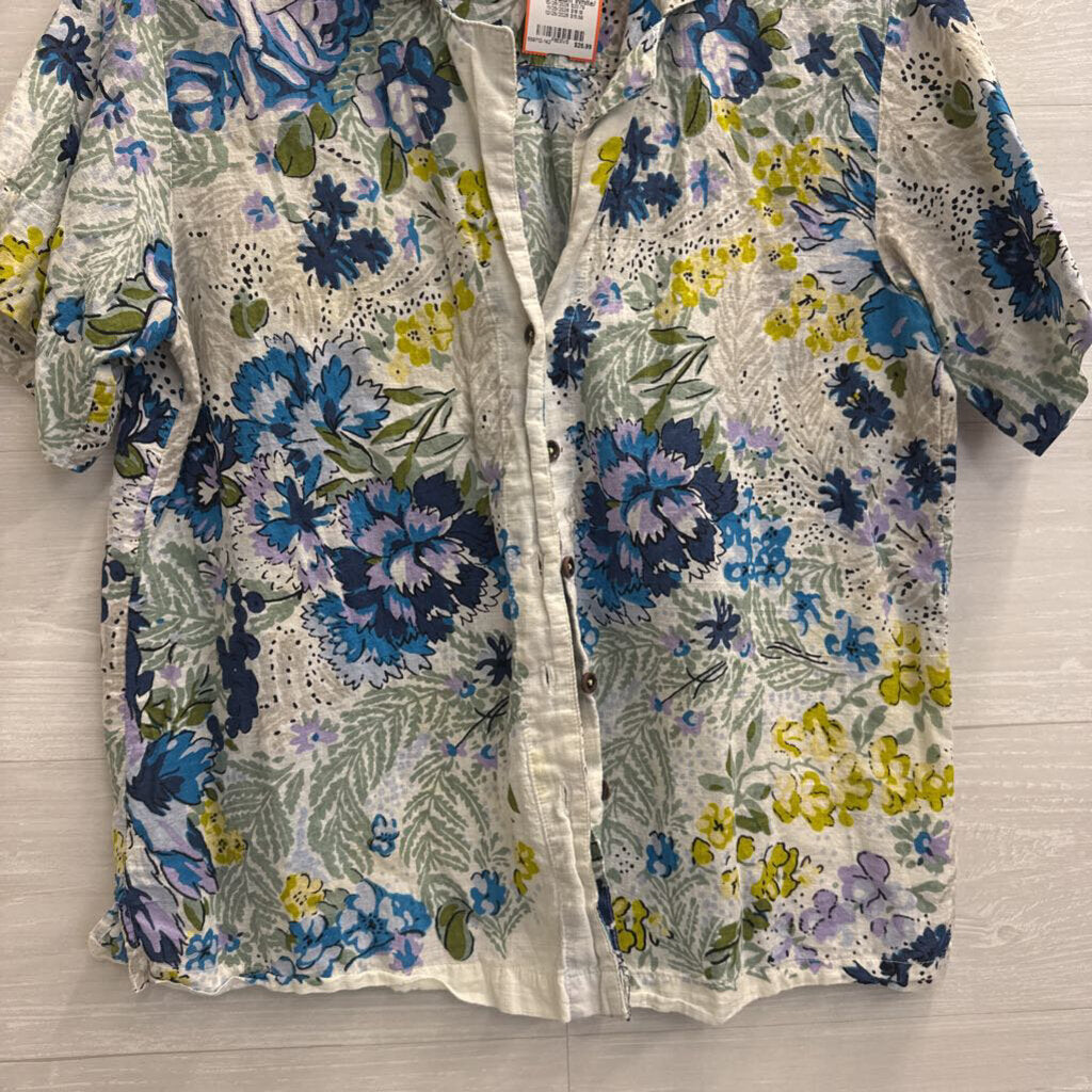 Anthropologie White/ Multi Print Short Sleeve Button Down Top Medium