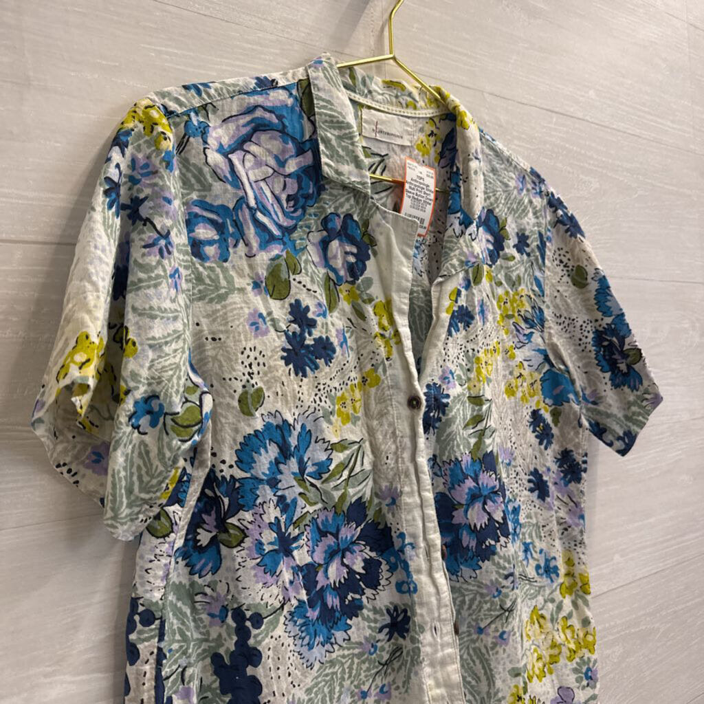 Anthropologie White/ Multi Print Short Sleeve Button Down Top Medium