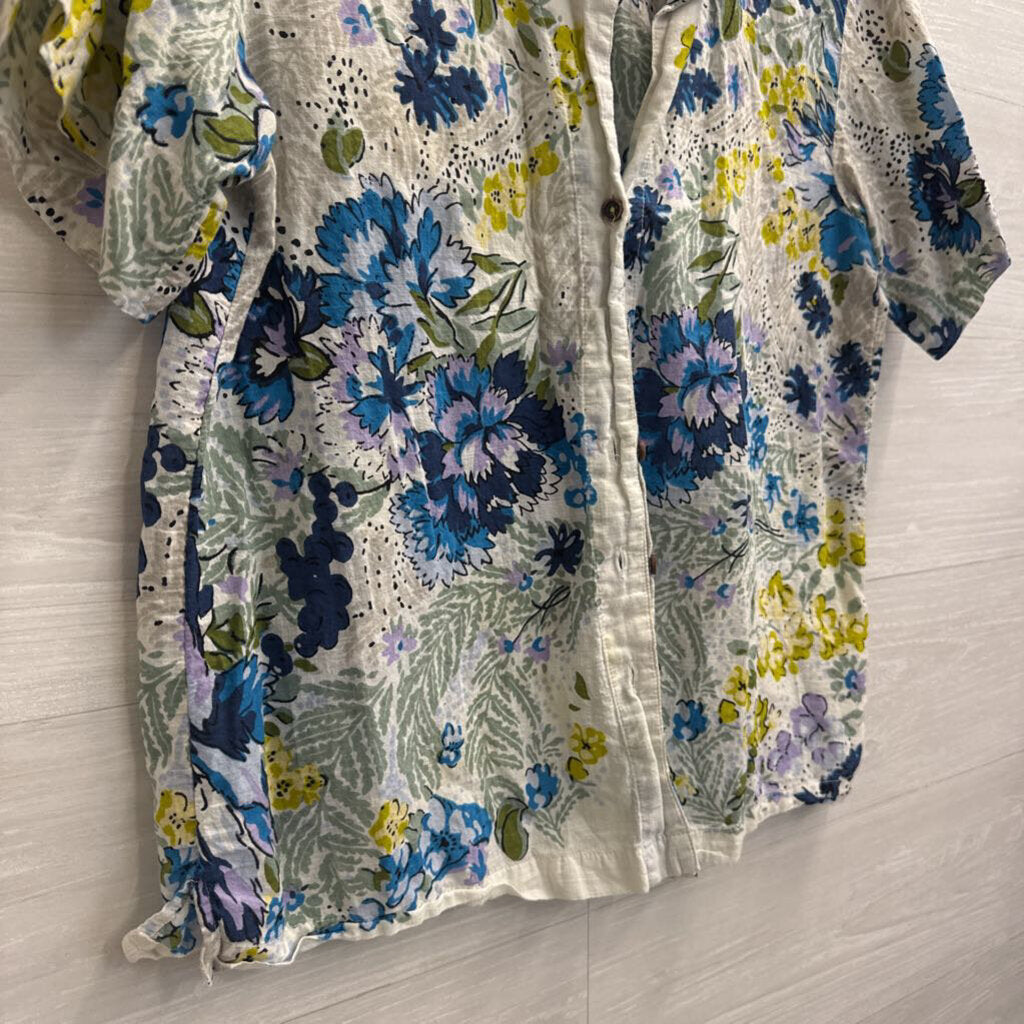 Anthropologie White/ Multi Print Short Sleeve Button Down Top Medium