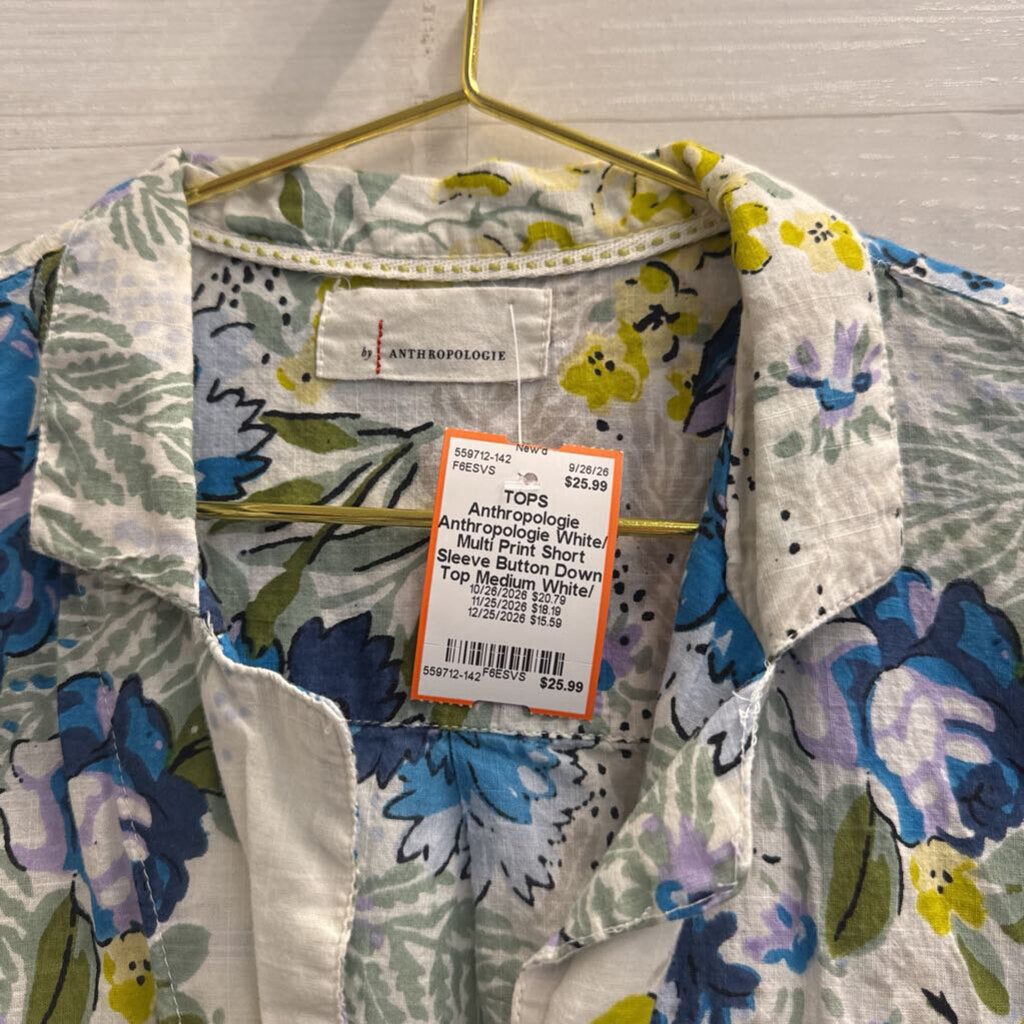 Anthropologie White/ Multi Print Short Sleeve Button Down Top Medium