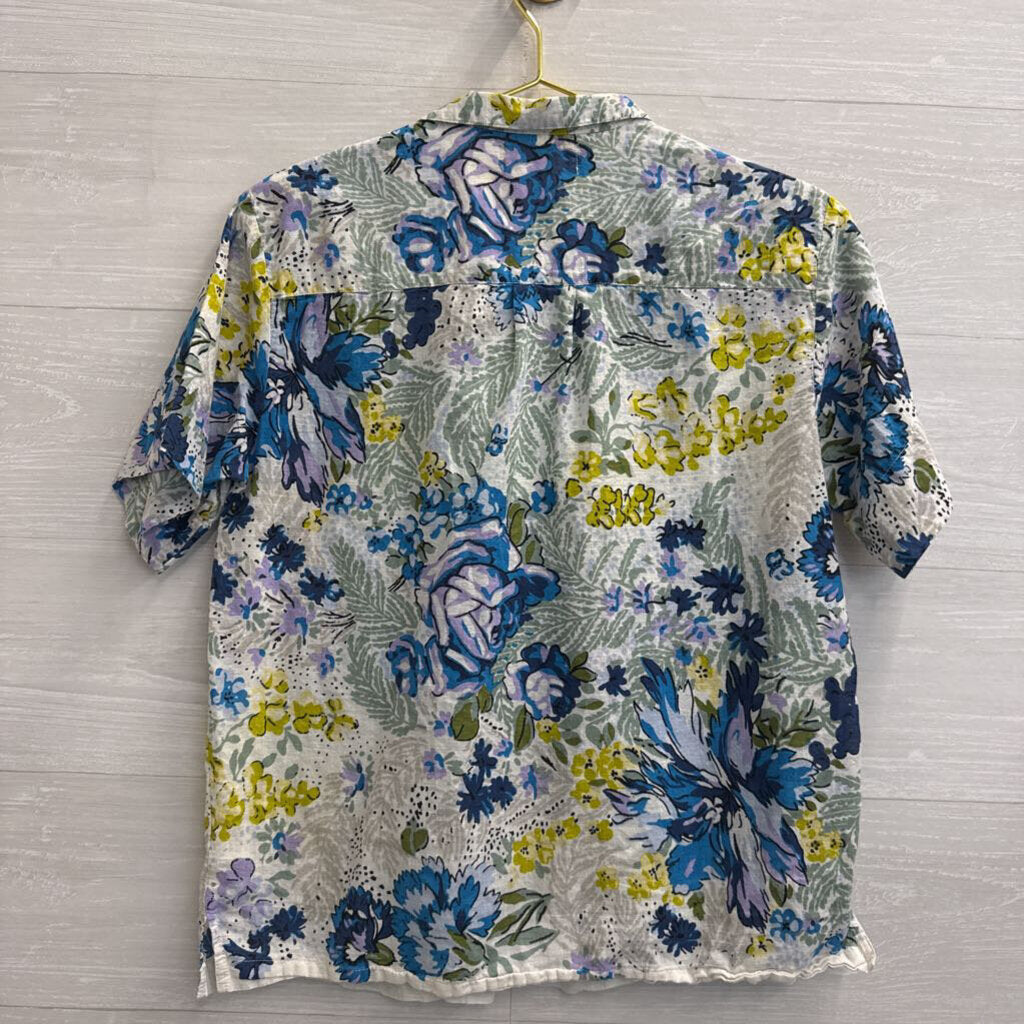 Anthropologie White/ Multi Print Short Sleeve Button Down Top Medium