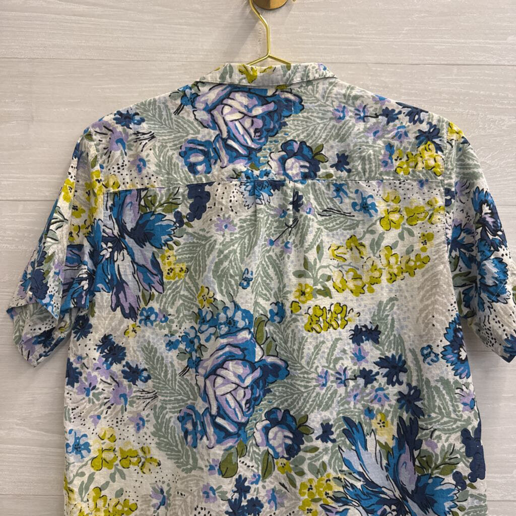 Anthropologie White/ Multi Print Short Sleeve Button Down Top Medium
