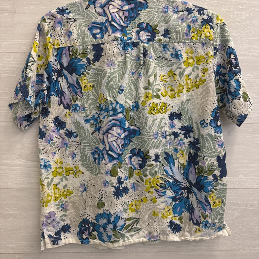 Anthropologie White/ Multi Print Short Sleeve Button Down Top Medium