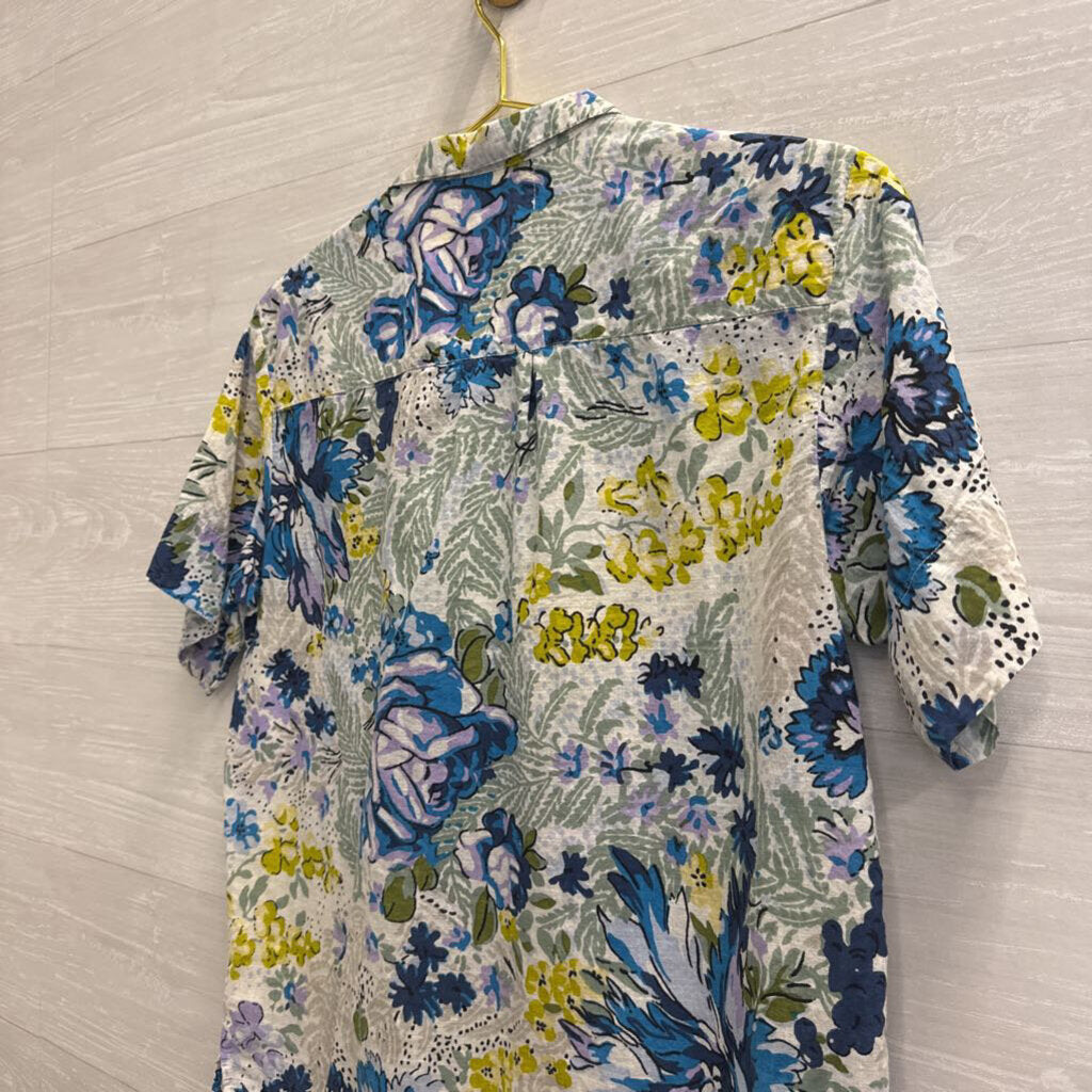 Anthropologie White/ Multi Print Short Sleeve Button Down Top Medium