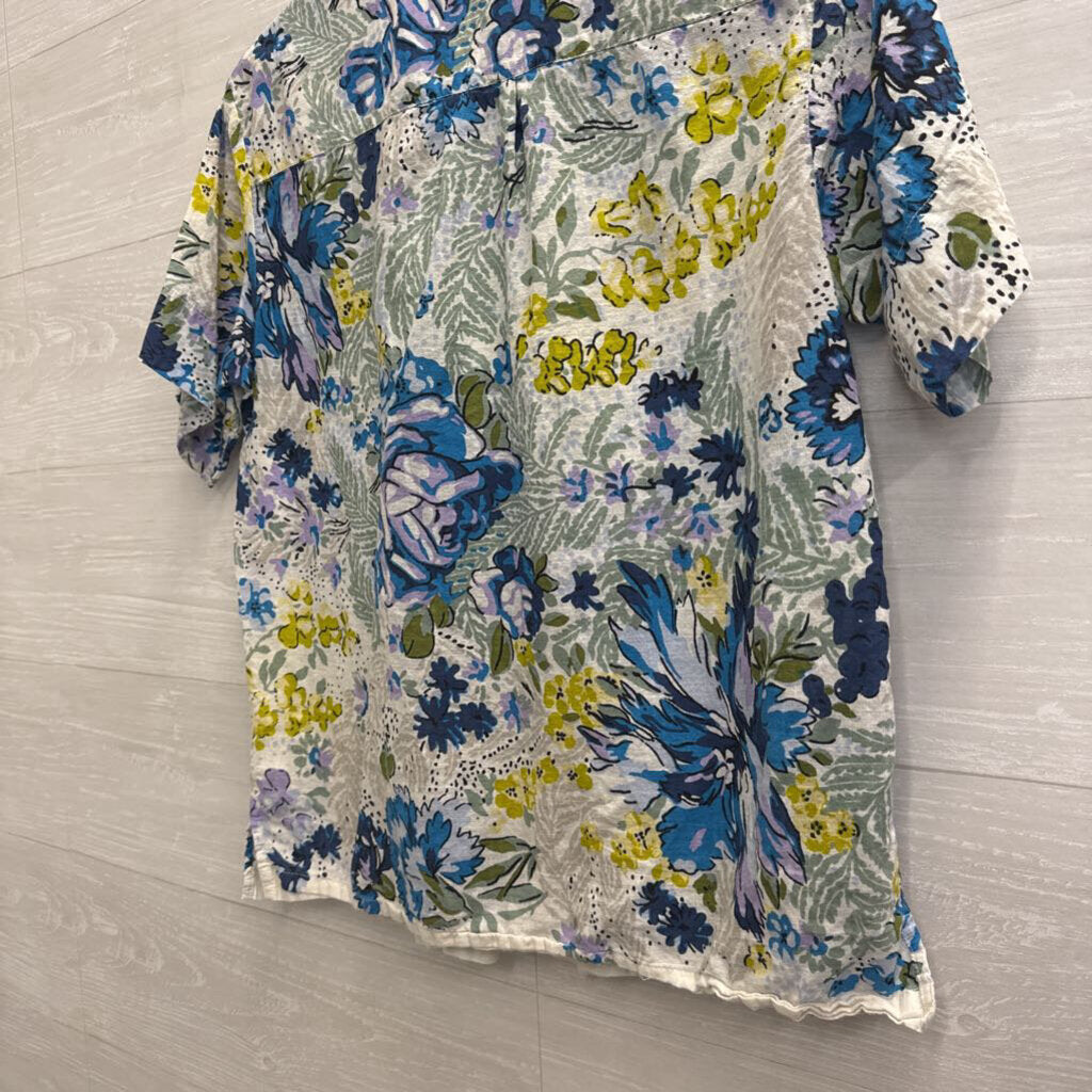 Anthropologie White/ Multi Print Short Sleeve Button Down Top Medium