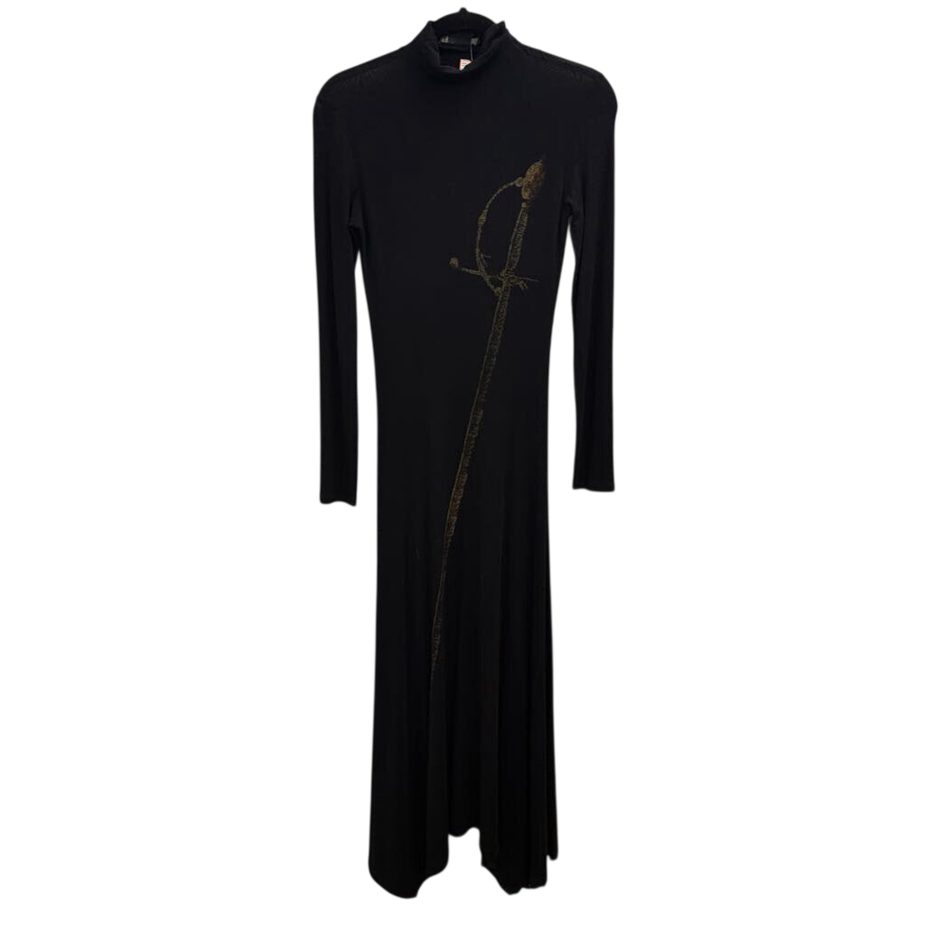 Isabel De Pedro Black Sword Print Long Sleeve Mock Neck Maxi Dress 4