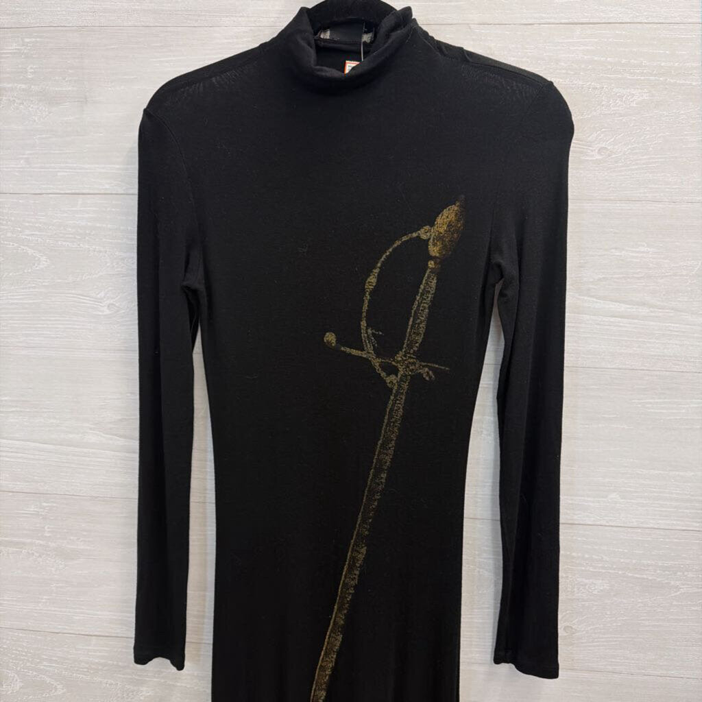 Isabel De Pedro Black Sword Print Long Sleeve Mock Neck Maxi Dress 4