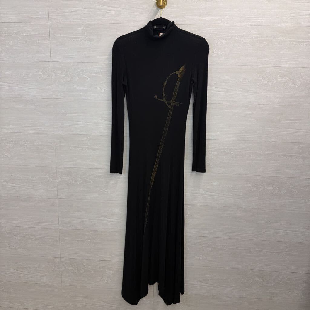 Isabel De Pedro Black Sword Print Long Sleeve Mock Neck Maxi Dress 4