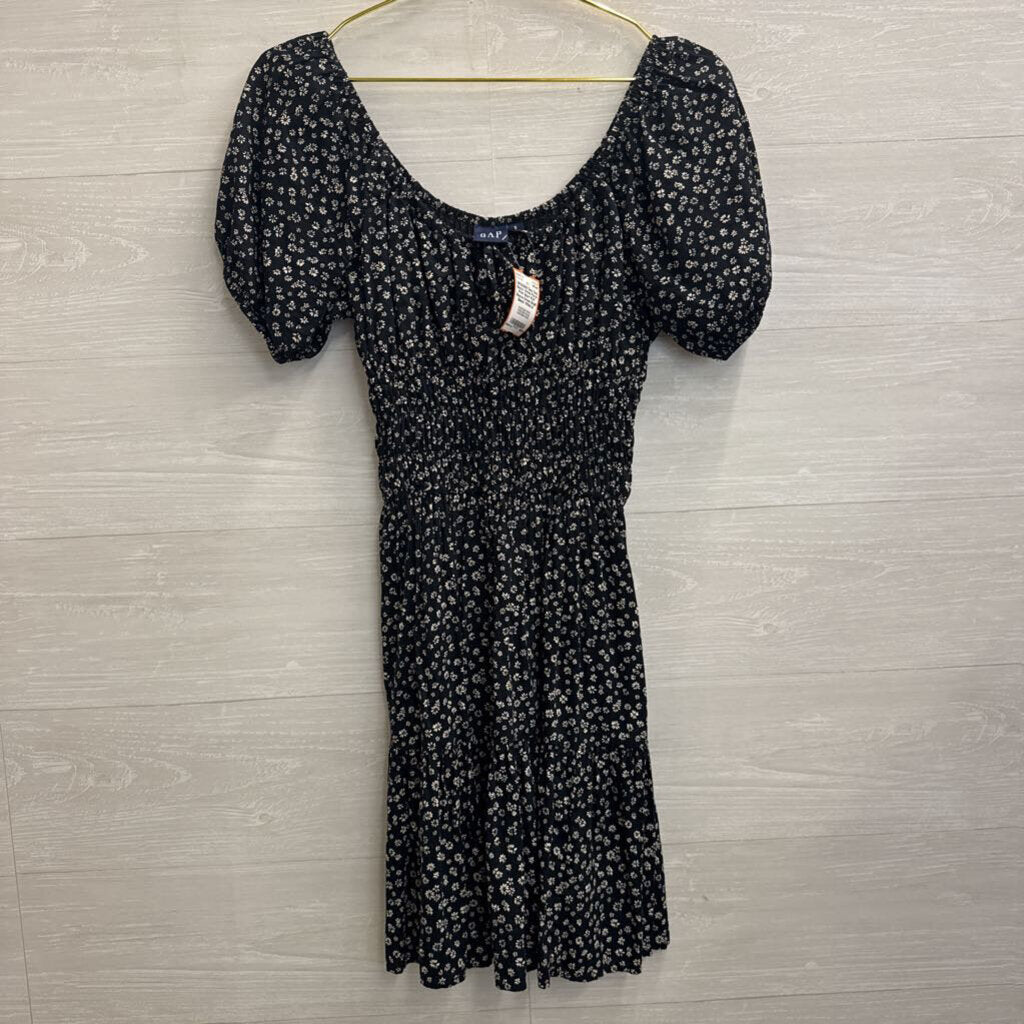 Gap Black/ White Floral Print Short Puff Sleeve Dress Small
