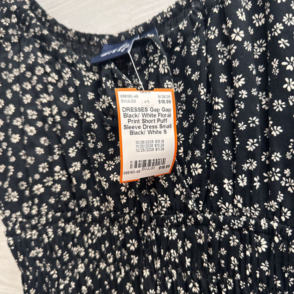 Gap Black/ White Floral Print Short Puff Sleeve Dress Small