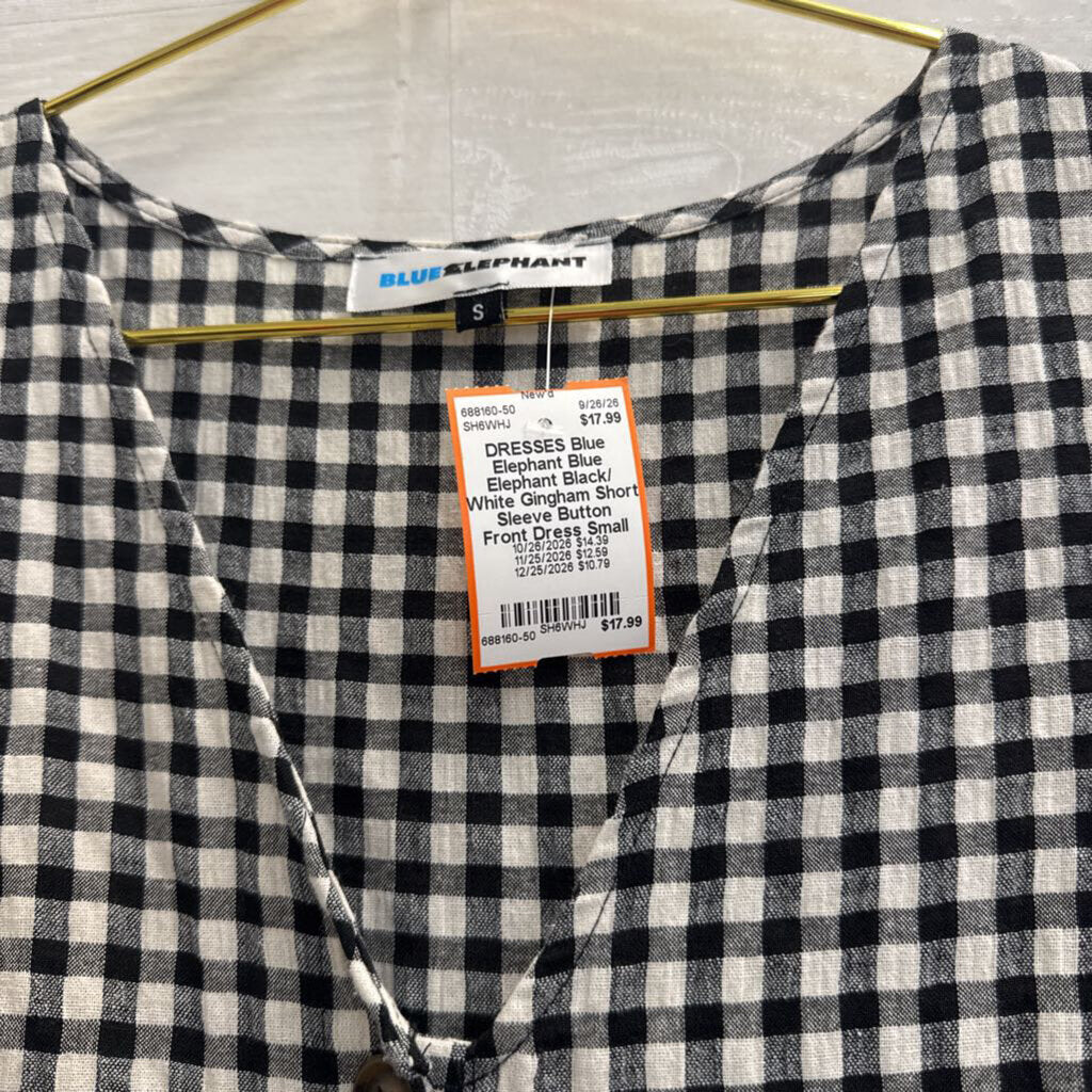 Blue Elephant Black/ White Gingham Short Sleeve Button Front Dress Small