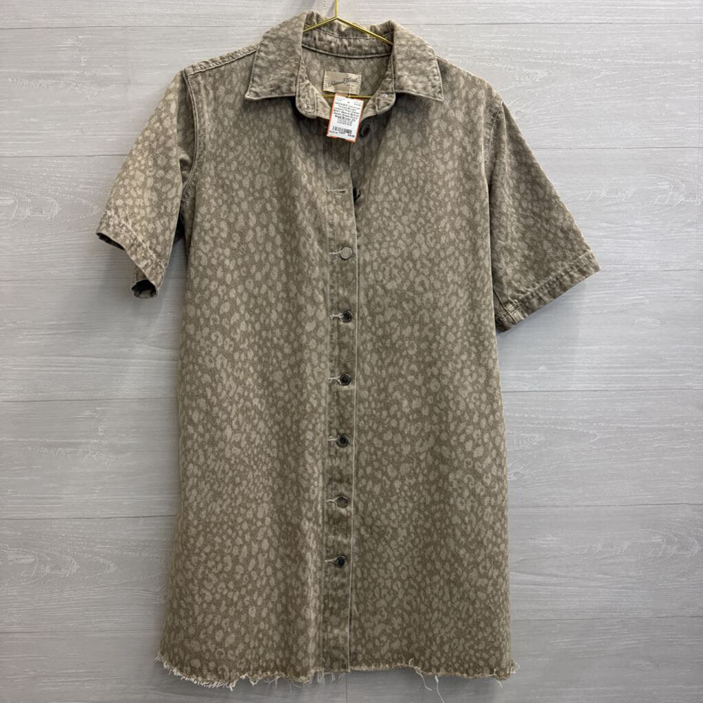 Brown Leopard Print Denim Short Sleeve Button Down Dress Extra Small