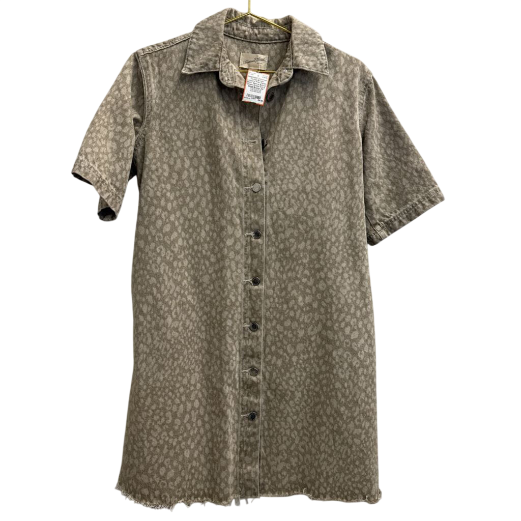 Brown Leopard Print Denim Short Sleeve Button Down Dress Extra Small