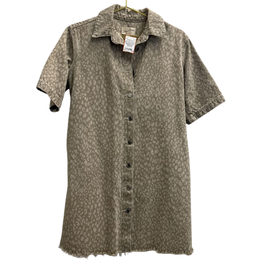 Brown Leopard Print Denim Short Sleeve Button Down Dress Extra Small