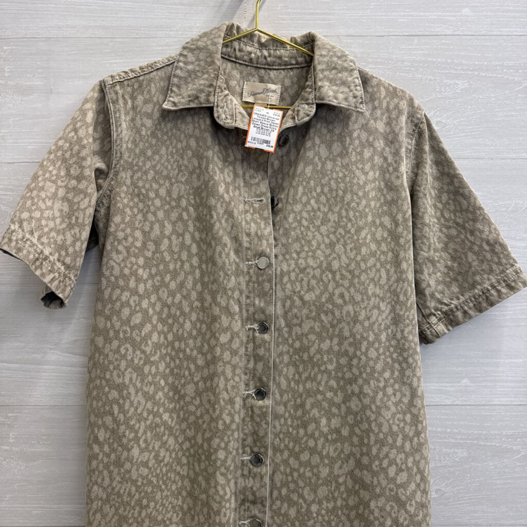 Brown Leopard Print Denim Short Sleeve Button Down Dress Extra Small