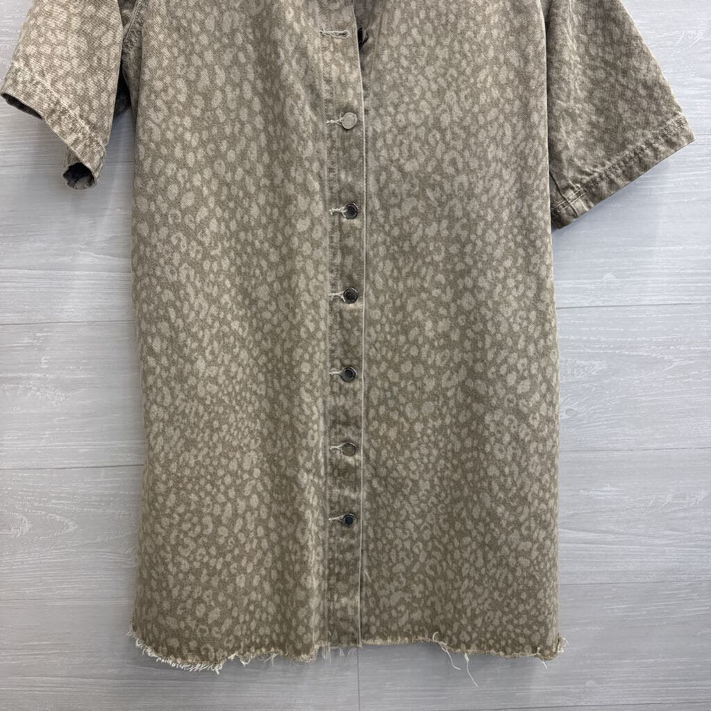 Brown Leopard Print Denim Short Sleeve Button Down Dress Extra Small