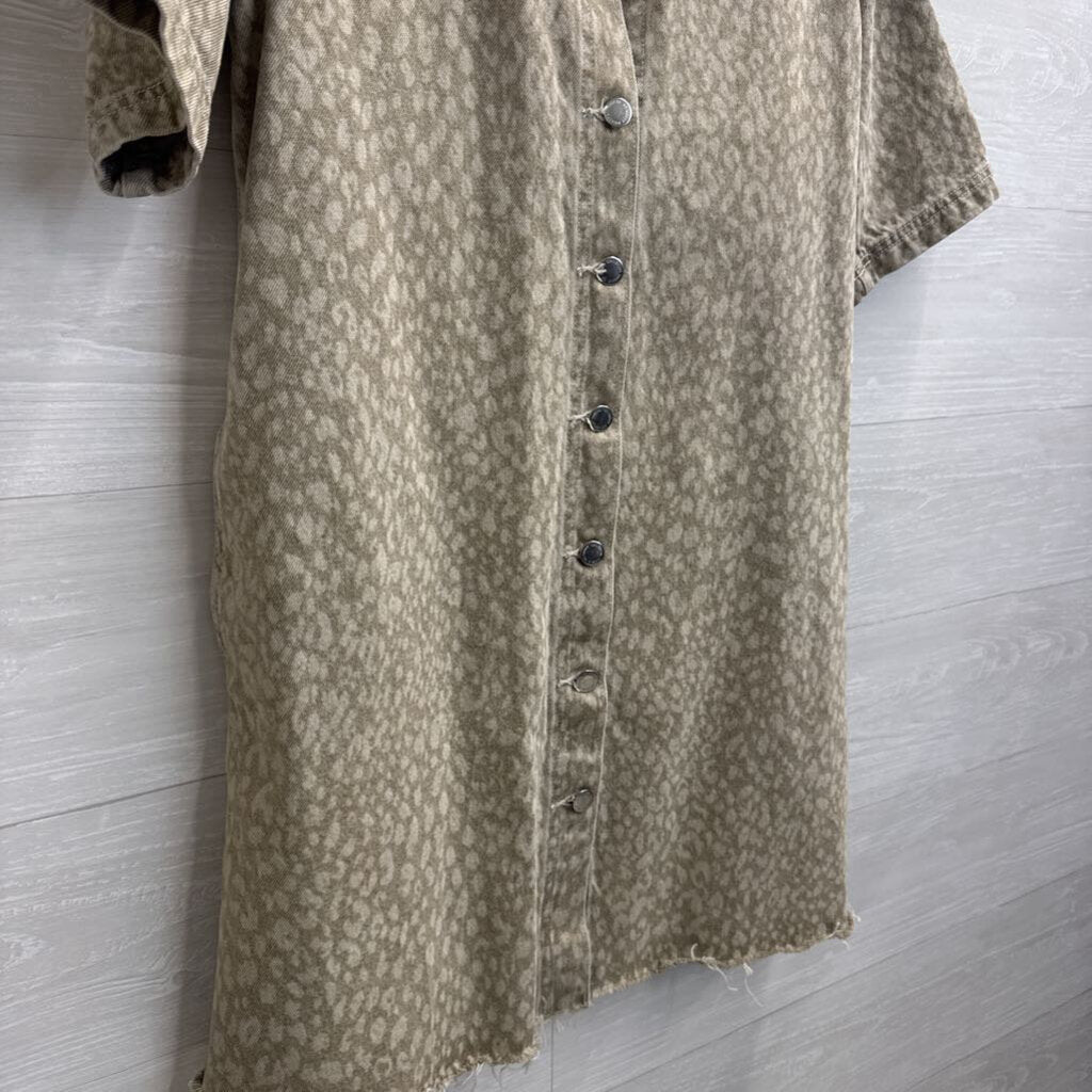 Brown Leopard Print Denim Short Sleeve Button Down Dress Extra Small