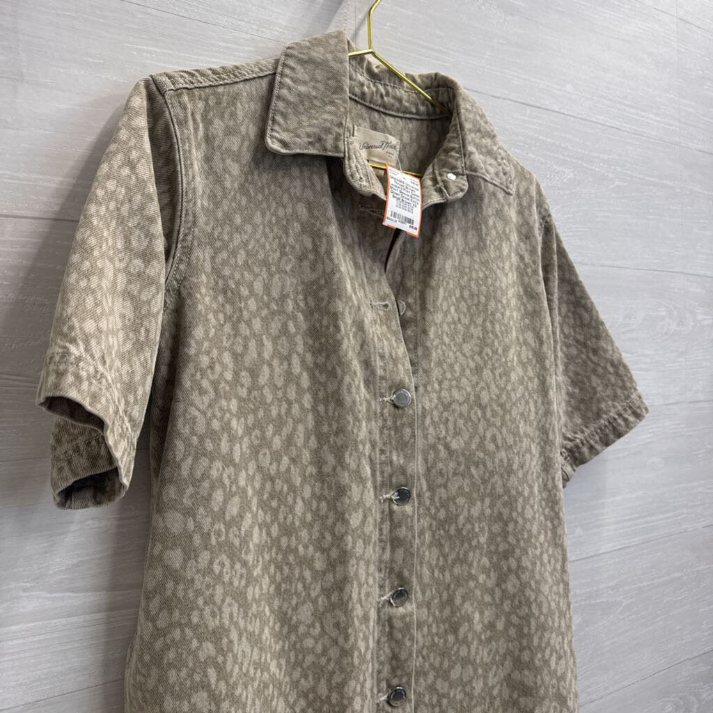 Brown Leopard Print Denim Short Sleeve Button Down Dress Extra Small